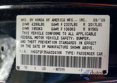 2010 Honda Accord Lx z USA, uszkodzony, nr VIN 1HGCP2F35AA024166